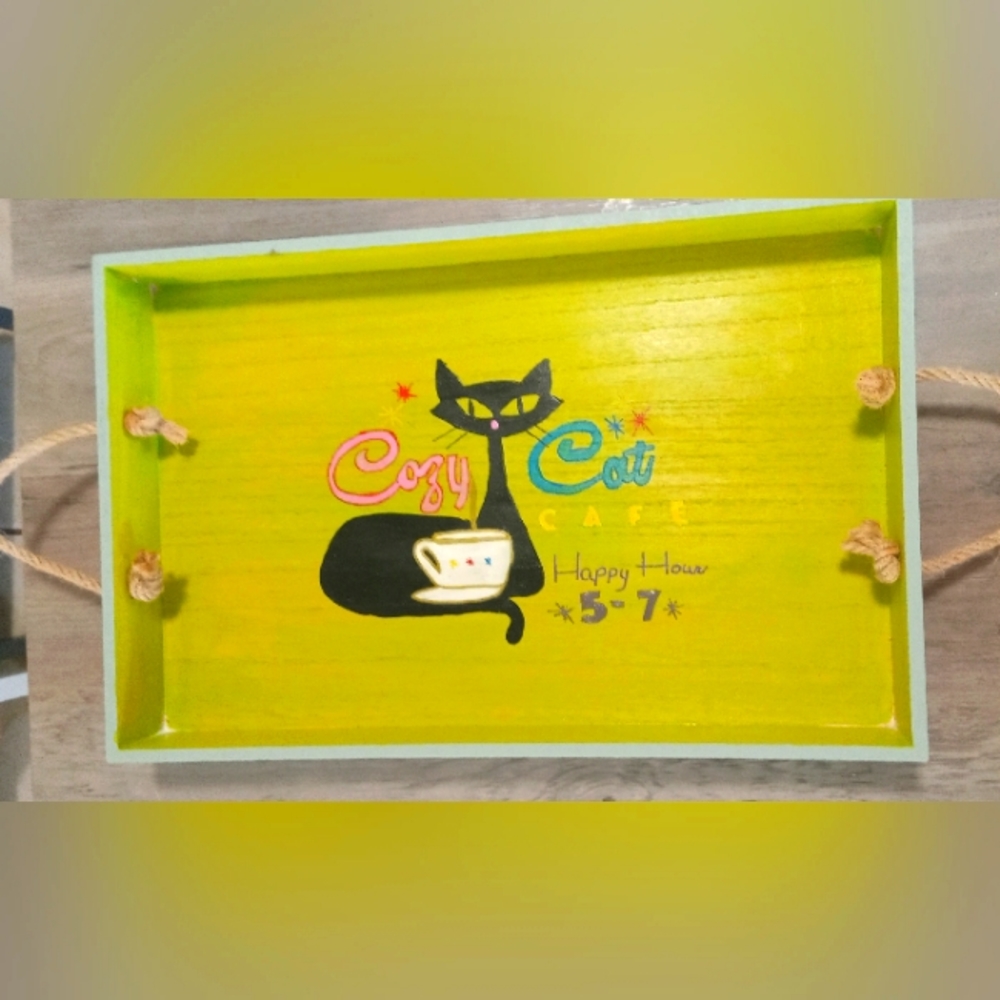 Mid-century Modern Atomic Kitty Handpainted Wooden Serving Tray